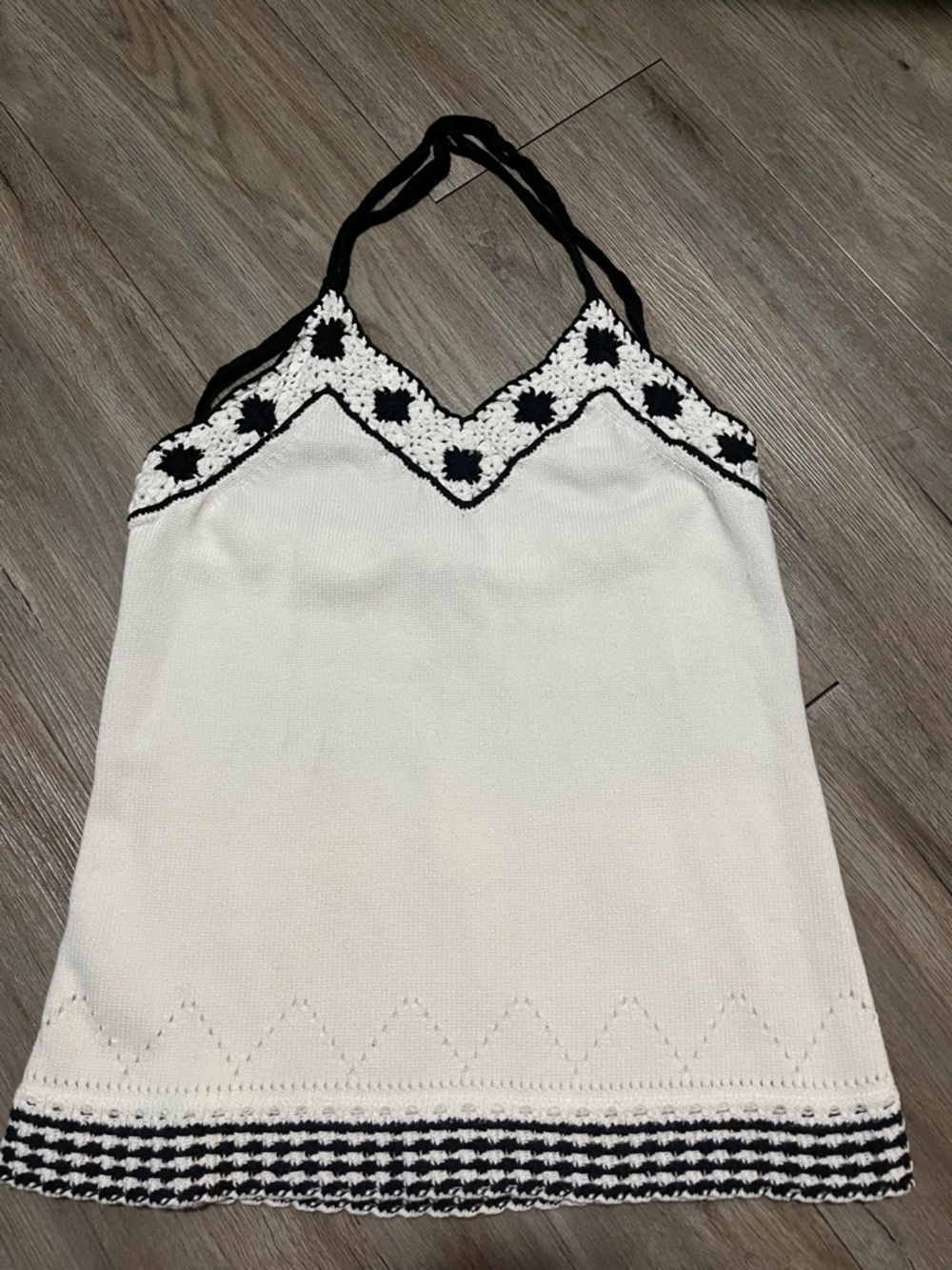 Ann Taylor Cream Halter Tank with Black Crochet Trim